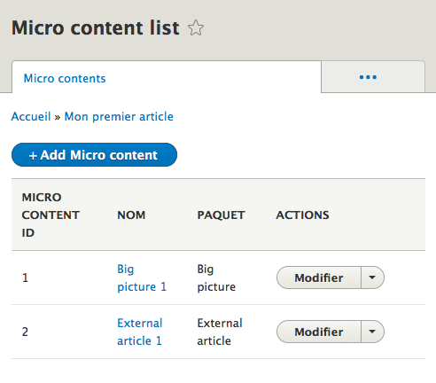 Liste des micros-contenus sur un noeud