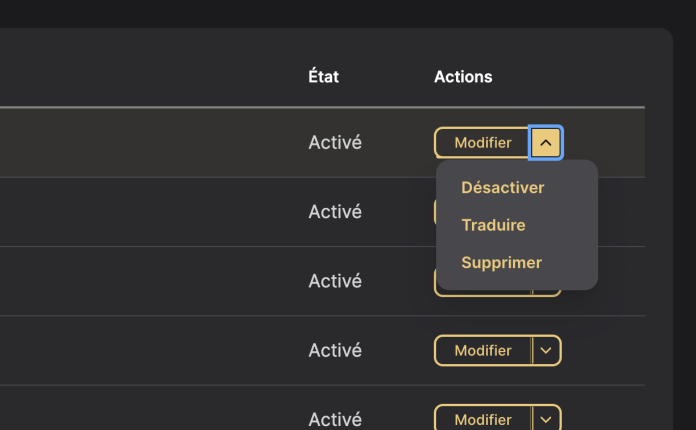 Liste des opérations disponibles