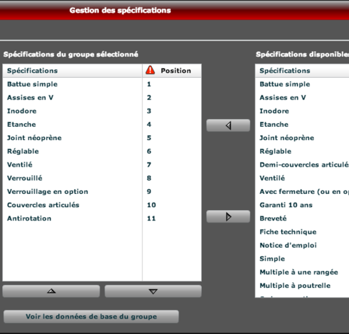 Gestion des spécifications - groupes / spécifications